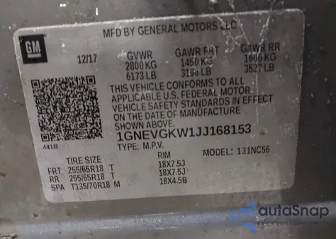 2018 Chevrolet Traverse 1Lt z USA, uszkodzony, nr VIN 1GNEVGKW1JJ168153